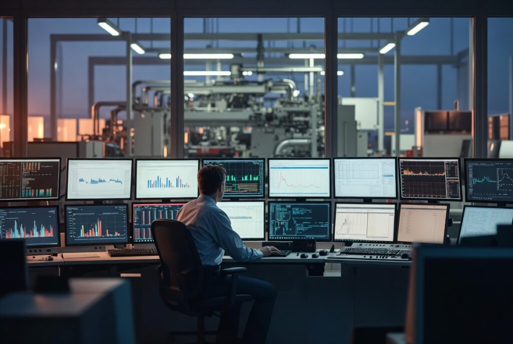 Two colleagues reviewing a live operations dashboard at a workstation, one seated and pointing at the screen