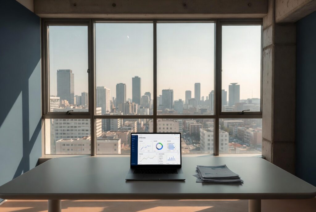 A laptop showing an analytics dashboard and a stack of printed reports on a desk, with an African city skyline through the window