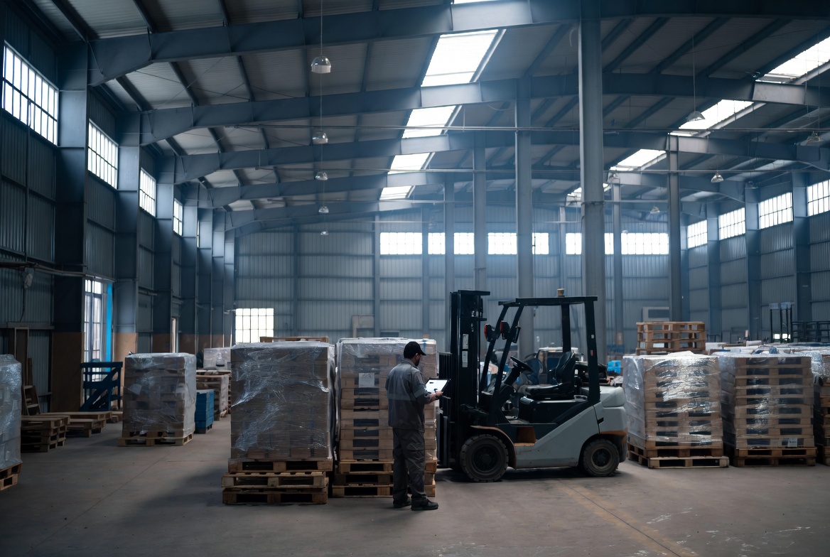 A worker checking stock against a handheld device beside wrapped pallets and a forklift in a distribution warehouse