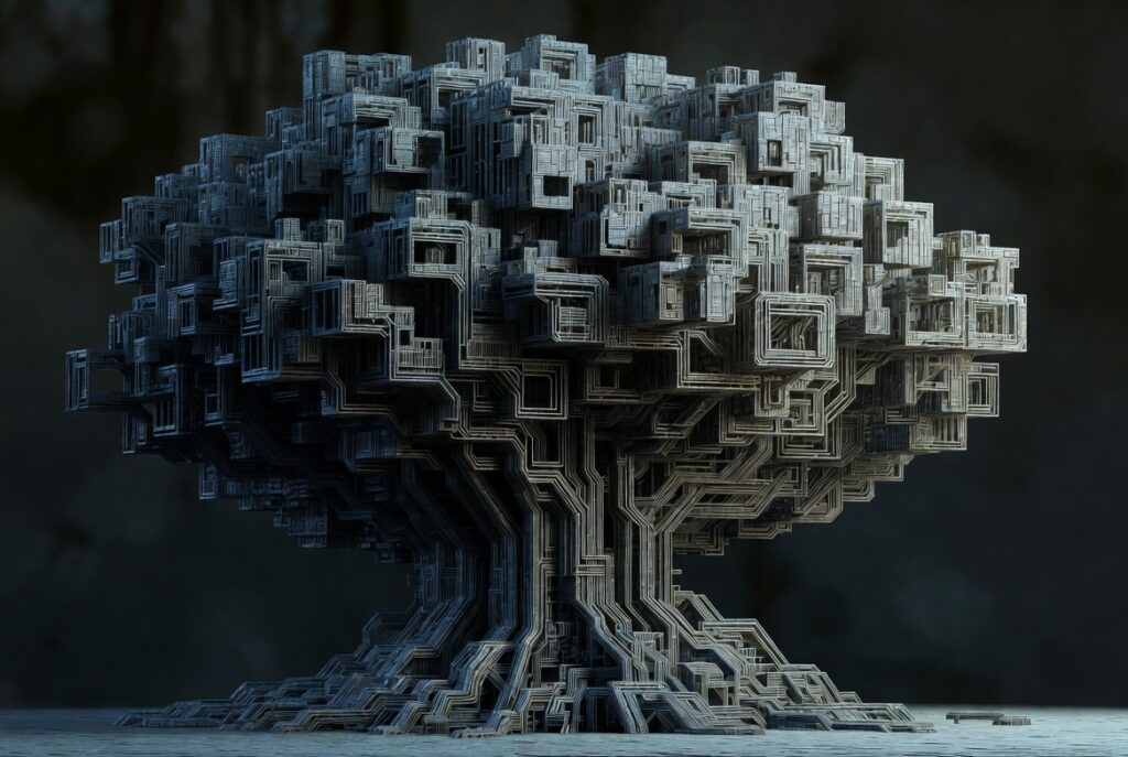A dense lattice structure of interlocking geometric forms growing upward from a single solid root
