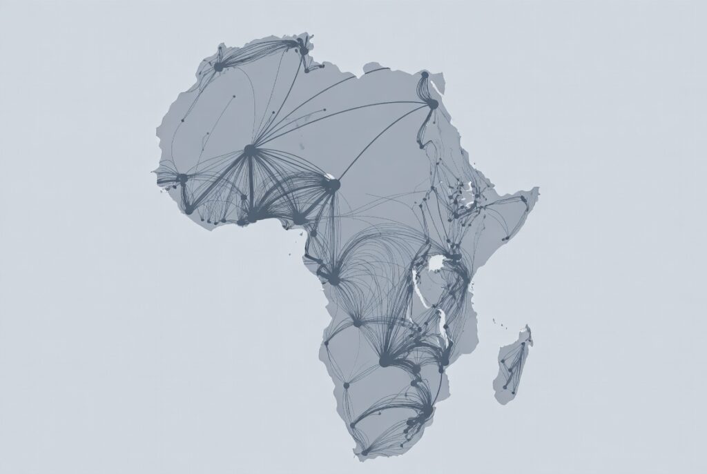 A muted map of the African continent showing angel investment nodes and connecting paths, dense in some regions and sparse in others