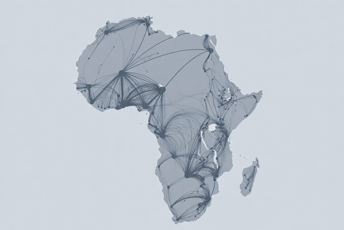A muted map of the African continent showing angel investment nodes and connecting paths, dense in some regions and sparse in others