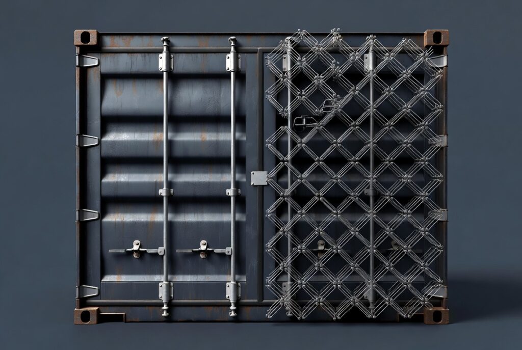 A weathered shipping container door half overlaid by a precise crystalline lattice, with a visible gap where the digital structure stops