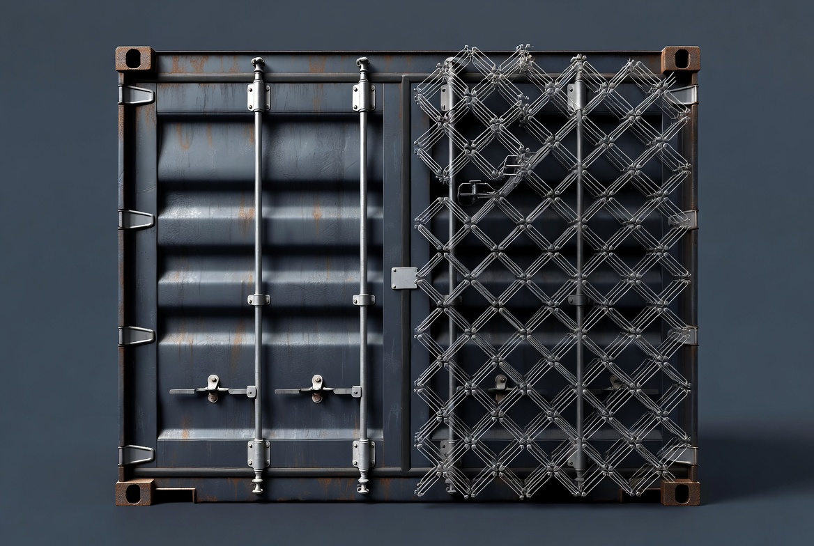 A weathered shipping container door half overlaid by a precise crystalline lattice, with a visible gap where the digital structure stops