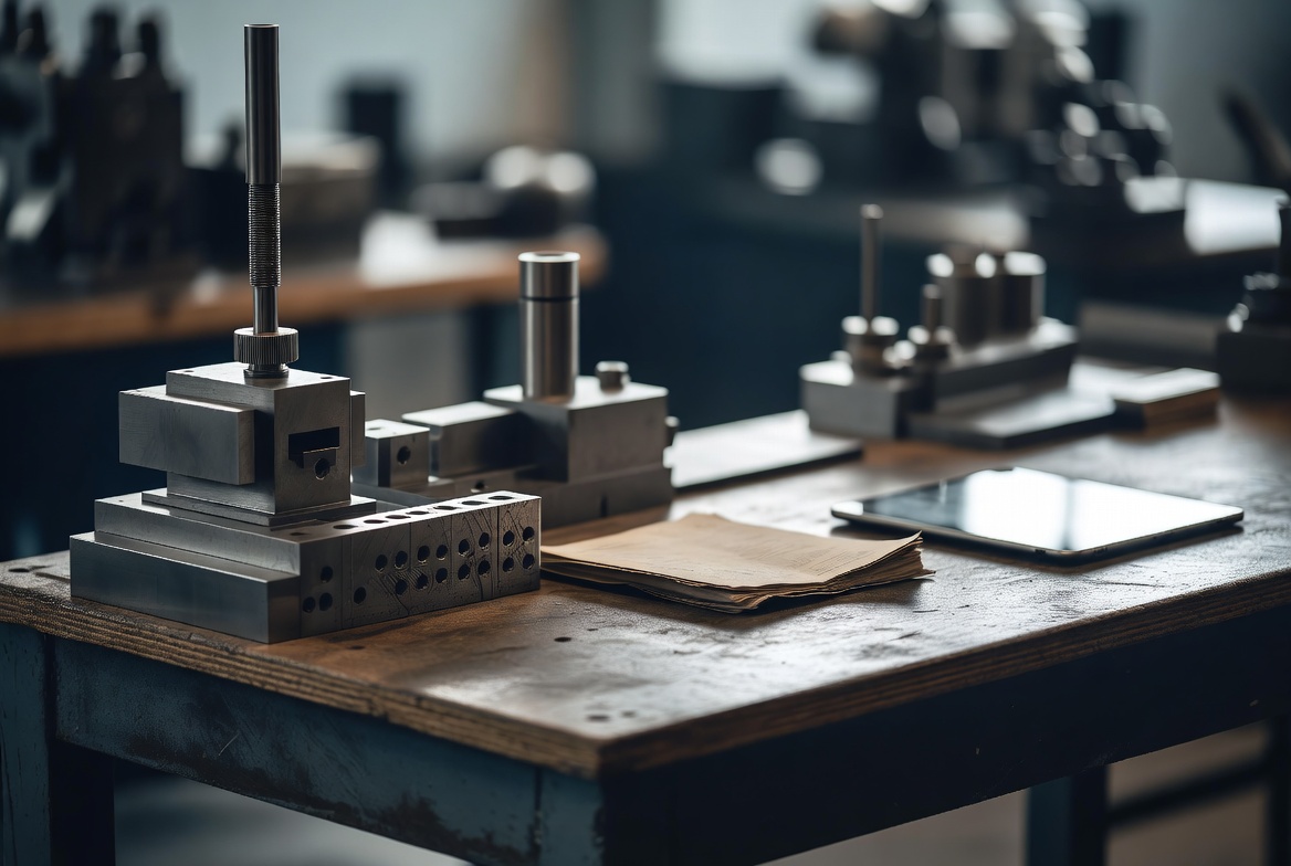 Precision tooling, machined components, a worn order book and a tablet arranged on a workbench in a manufacturing workshop