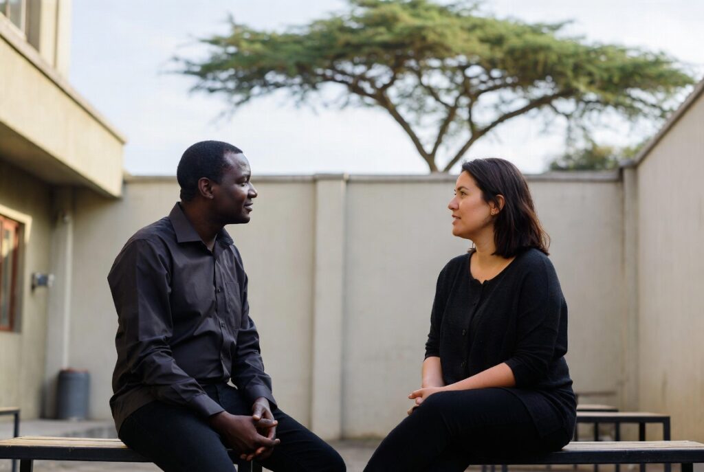 Two founders in conversation on a bench in a Nairobi courtyard, an acacia tree behind them in soft focus