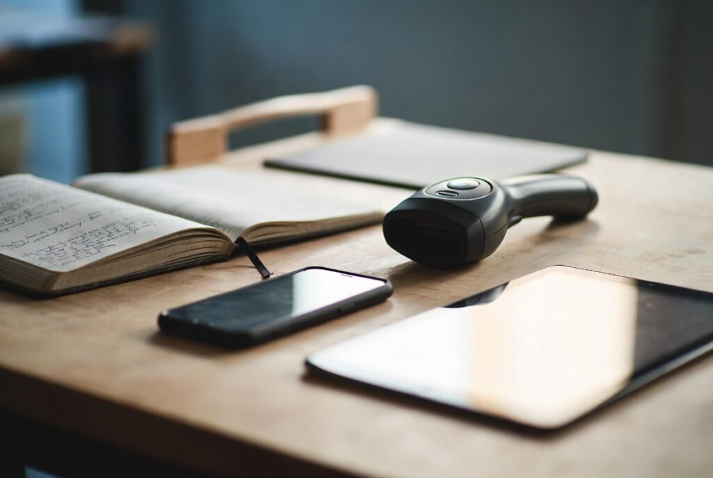 A handwritten ledger, barcode scanner, phone and tablet laid out together on a wooden work surface