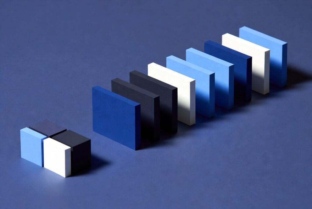 A small compact cluster of blocks beside a long accumulating row of upright panels receding across a deep blue surface, representing owned media assets compounding in value over time.