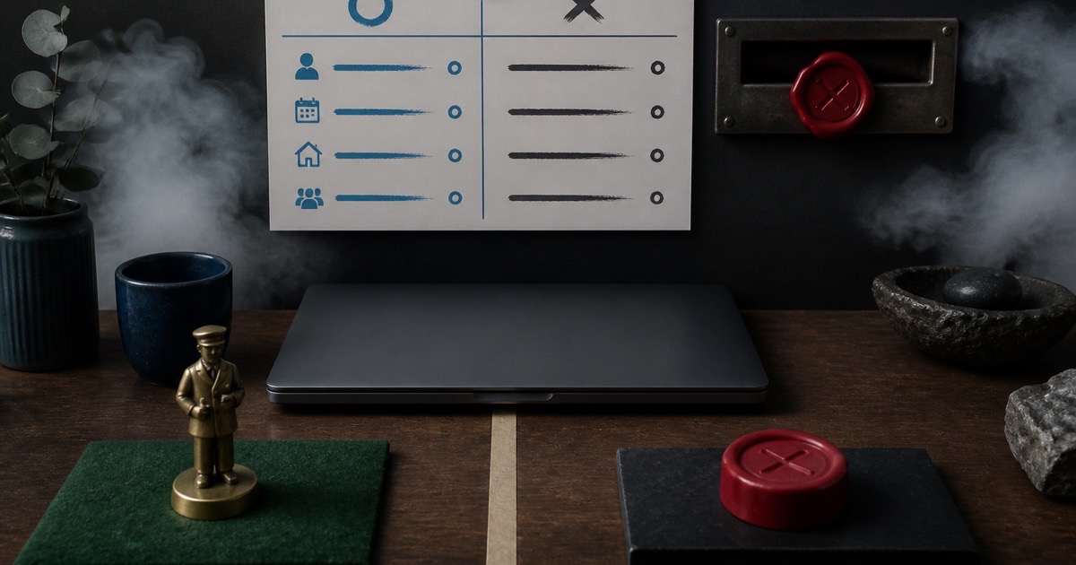 Desk divided into allowed and forbidden jobs, an AI working agreement a small team will use