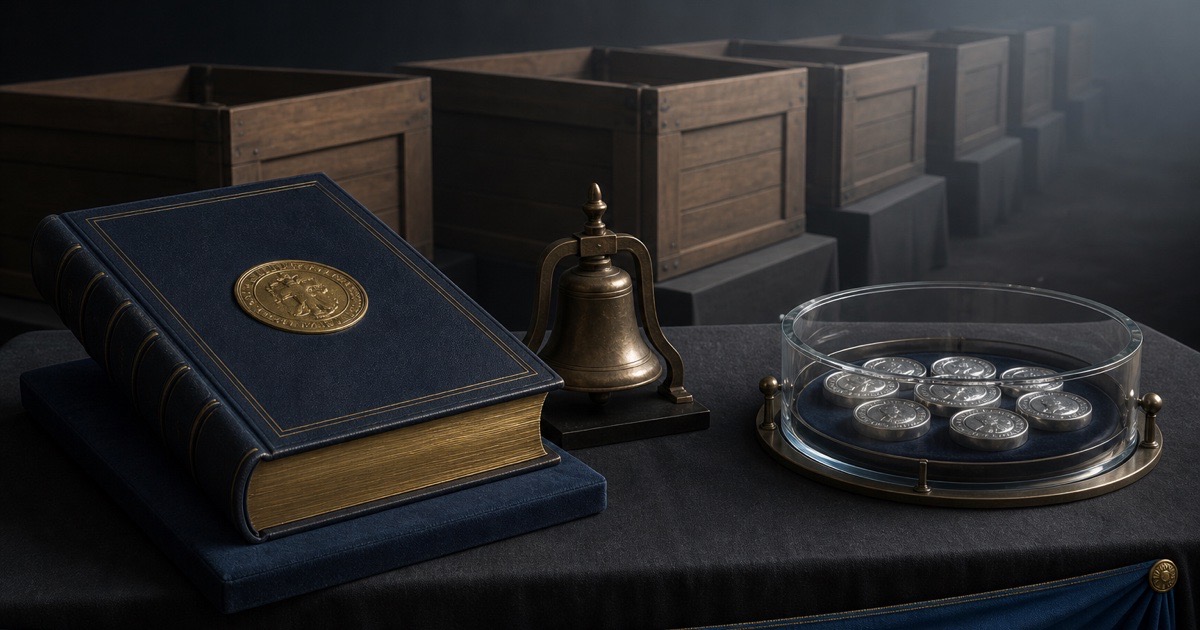 Statute, listing bell and reserve coins beside empty crates, what blockchain in 2026 actually shipped