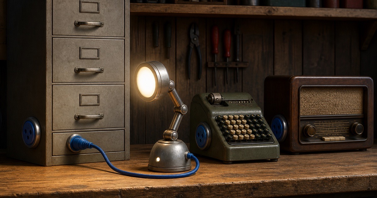 Workbench of paid tools with matching sockets, connecting an AI assistant to tools you already pay for