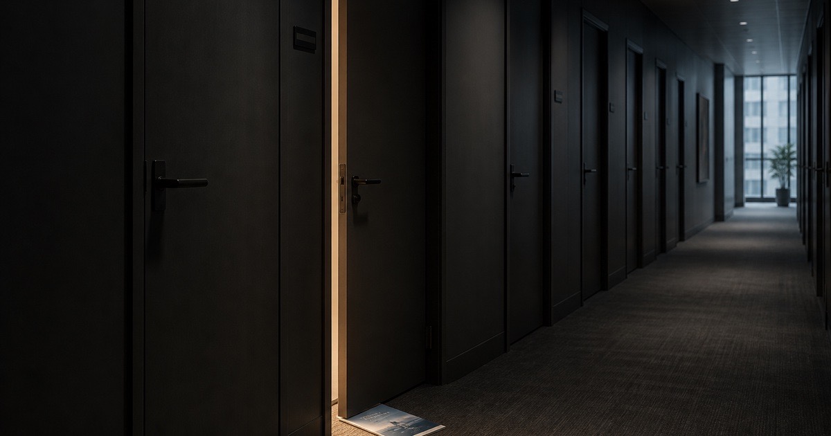 Insight booklet sliding under a lit office door, B2B thought leadership reaching a hidden buyer
