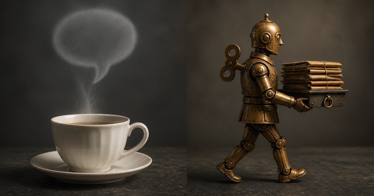 Teacup chat on one side and a mechanical clerk on the other, when to use an AI agent versus a chat