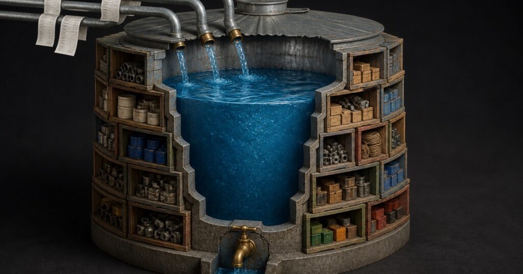 Cutaway cistern of inventory and invoice-pipes, working capital for African SMEs beyond bank loans