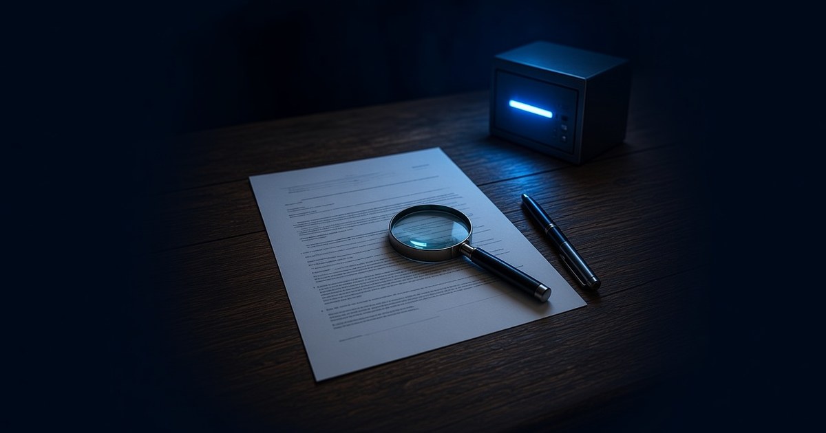 A magnifying glass and a pen on a printed page, beside a small box with a blue light, for an AI software contract review