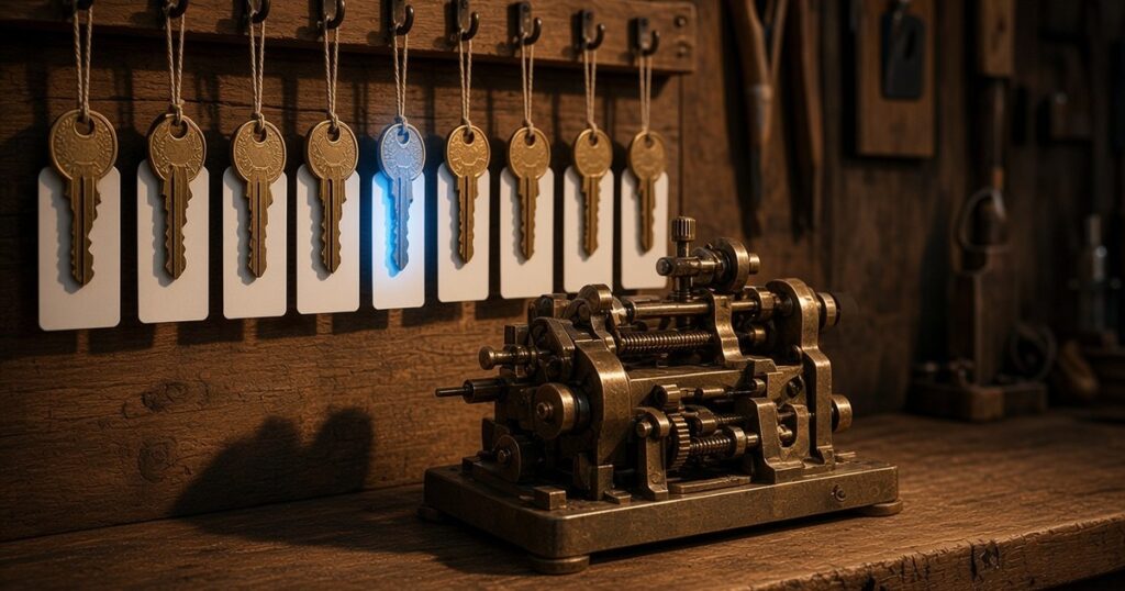 Ten tagged brass keys on a board, one glowing blue, beside a brass machine, for a partner channel