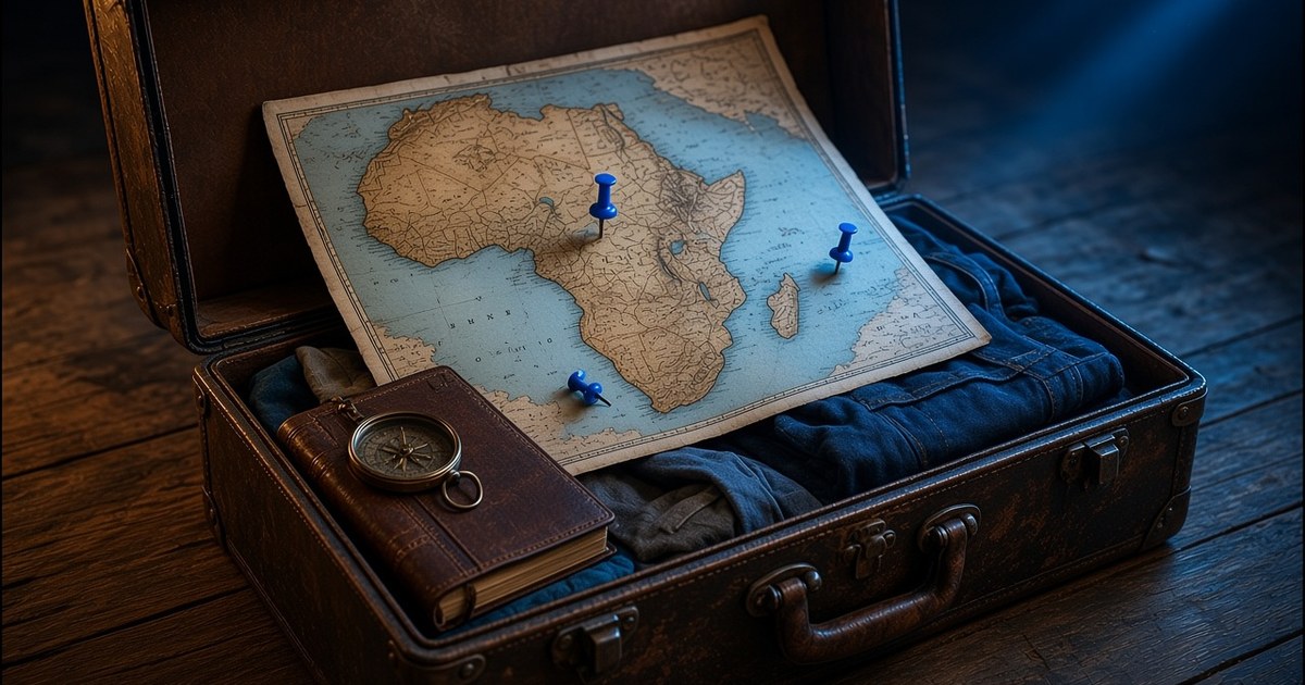 An open suitcase with a map of Africa, three blue pins, a compass and folded clothes, for choosing a second country