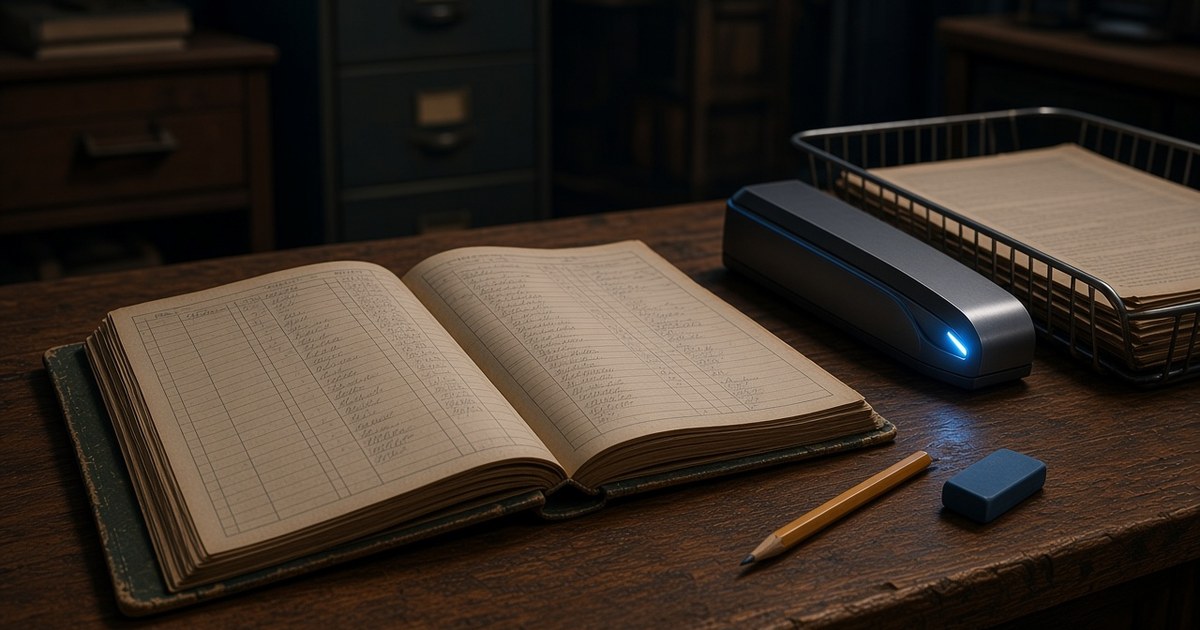 An open handwritten ledger beside a scanner with a blue light, a wire tray of papers, a pencil and an eraser, for a spreadsheet